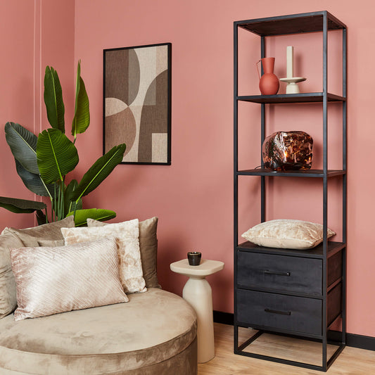 Bookcase Denver Black | Mango wood and steel | 2 drawers