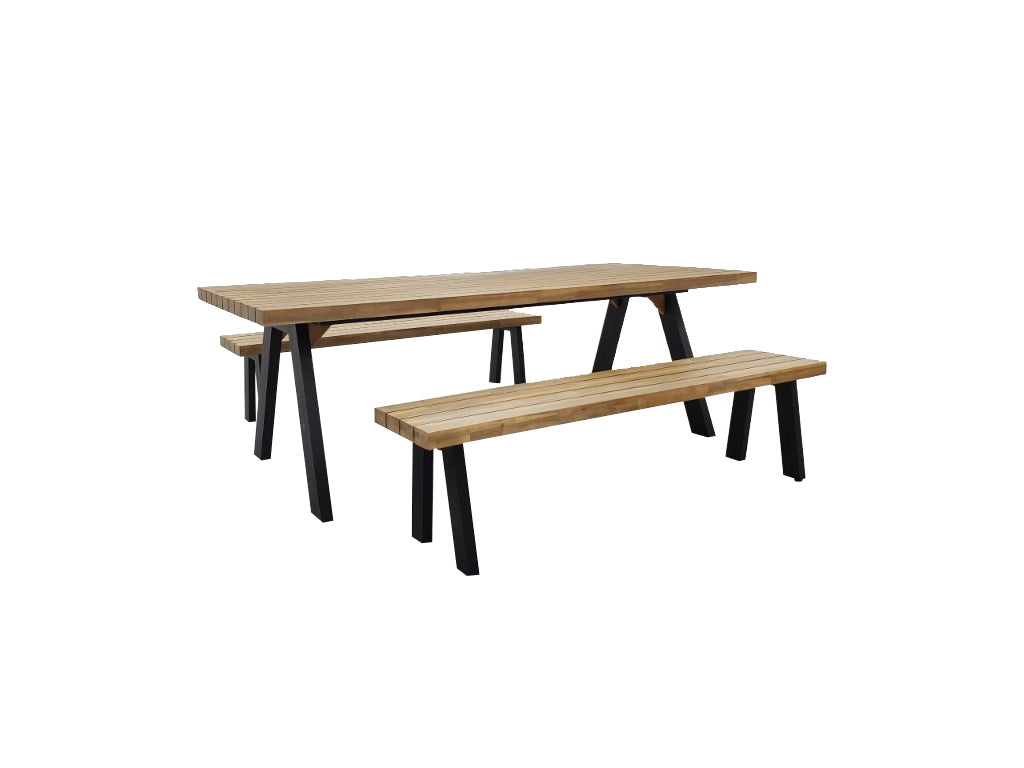 BOSCO DINING BENCH SET (000314) / ALU POWDER COATED BLACK / WOOD ACACIA LIGHT TEAK LOOK