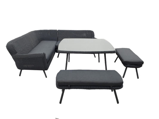 JONAH CORNER DINING SET 5PCS ( LEFT, RIGHT, 2X BENCH, TABLE 130X130) / STEEL DARK GREY & POWDER COATED ANTHRACITE (LEGS) / WICKER ROUND 3MM DARK GREY / GLASS TOP TRANSPARANT / SEAT CUSHION: STANDARD ROYAL GREY 240 + CUSHION &FOAM: FIRE RETARDANT