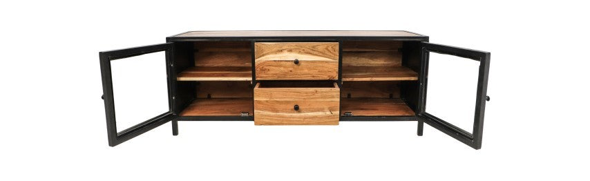 HSM Collection-Tv Meubel Kingston 2 Deur 2 La-140x40x90-Naturel/Zwart-Acacia/Metaal