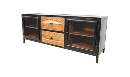 HSM Collection-Tv Meubel Kingston 2 Deur 2 La-140x40x90-Naturel/Zwart-Acacia/Metaal